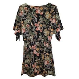 Highline Collective Floral Bird Print Smocked Waist Blouse Black Small